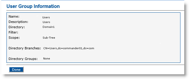 User Group Information page with a Done button at the bottom